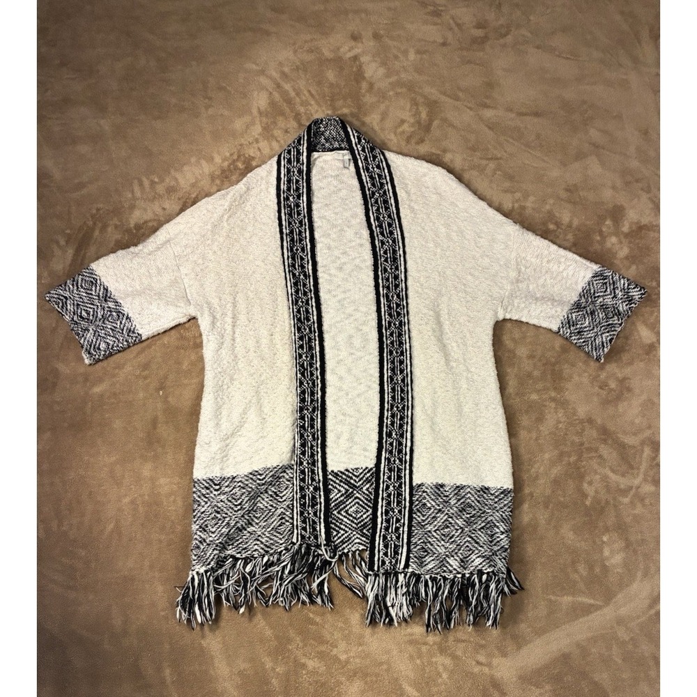 Joie Womens Open Front Fringe Cardigan Sweater Cream Black Small Quiet Luxury